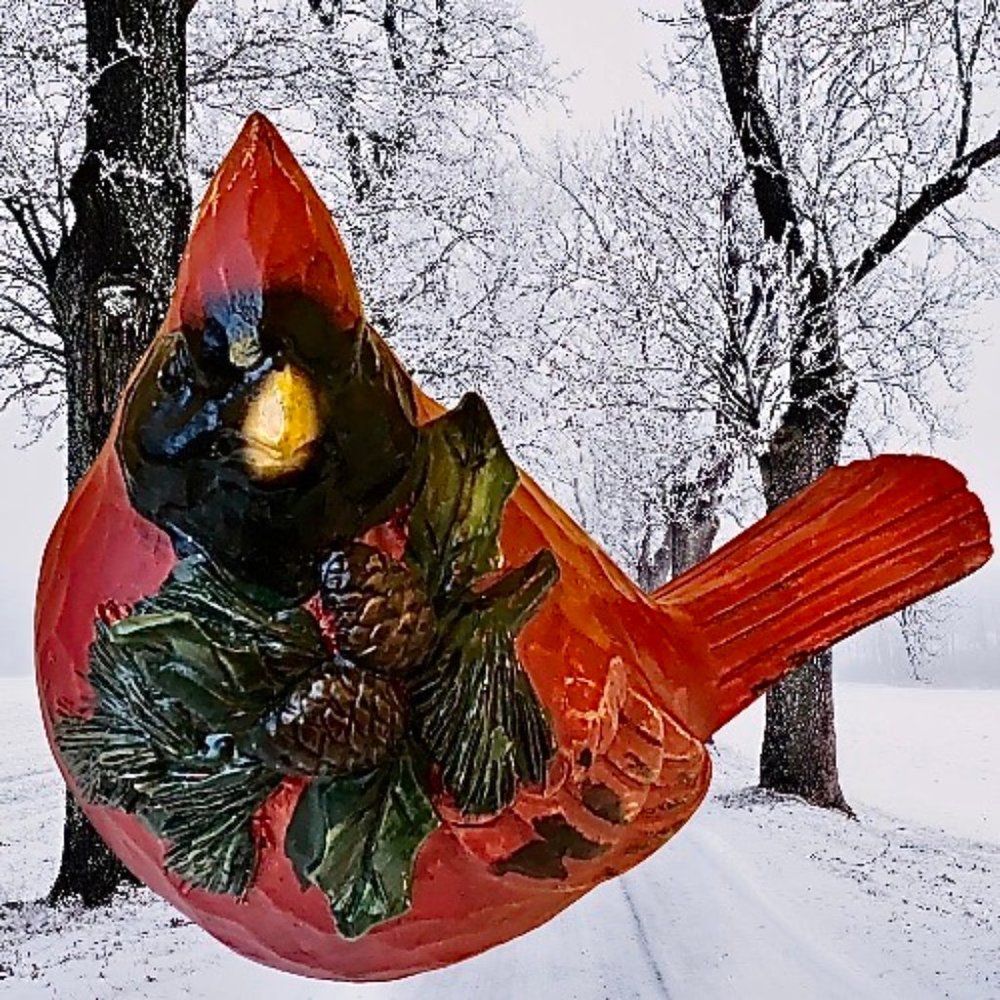 Red Cardinal Bird Figurine Wood Carved Look Resin Holly Pinecones Christmas
